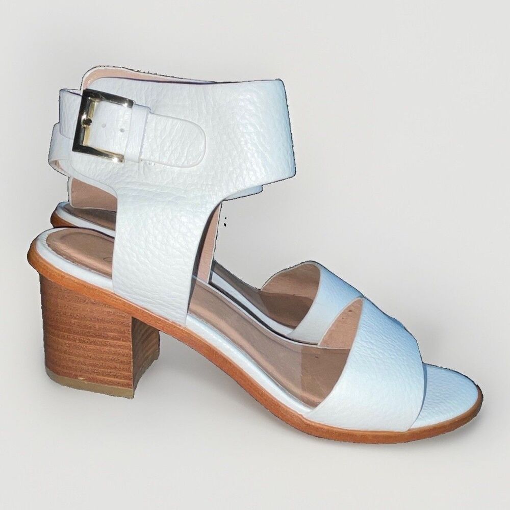 Joie White Leather Block Heel Buckle Ankle Strap Sandals Womens Size 39 8.5